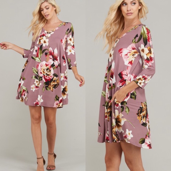 Dresses & Skirts - New Mandy Mauve Floral Dress Side Pockets med & 2x